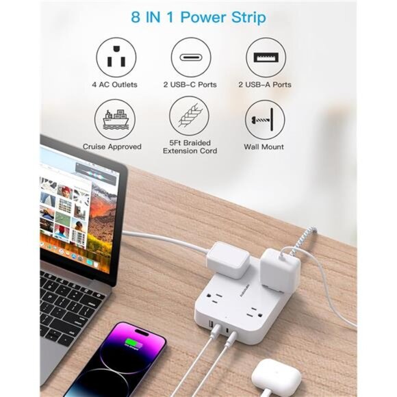 Flat Plug Extension Cord, 5ft Power Strip with 4 USB Ports(2 USB C), 4 Widely - Picture 6 of 8